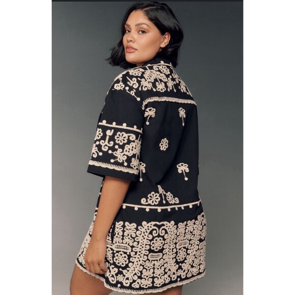 Anthropologie Maeve Mini Shirt Dress Black Embroidery Boho Retro Preppy Sz S NWT - Picture 3 of 13